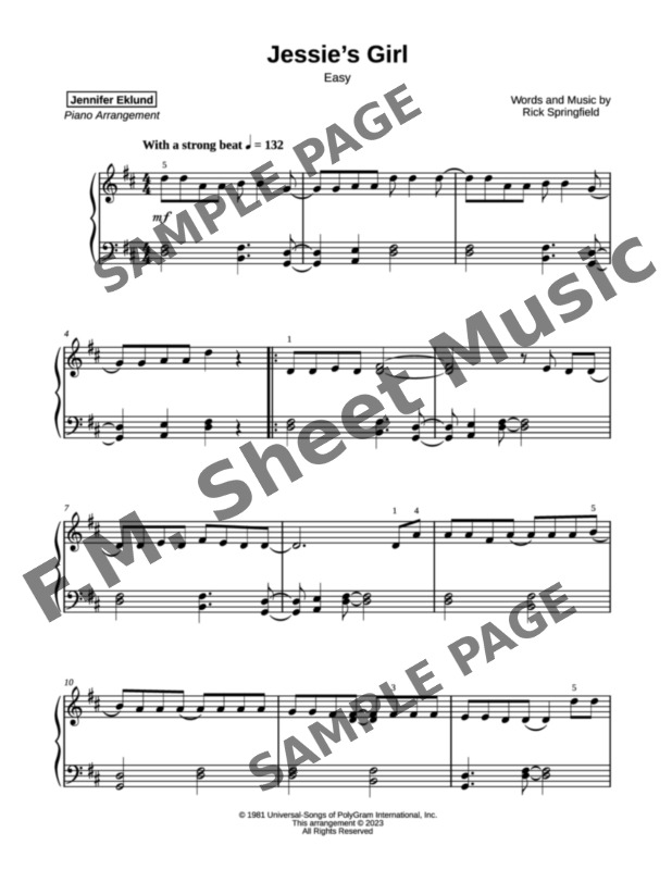 Jessies Girl Easy Piano By Rick Springfield Fm Sheet Music Pop